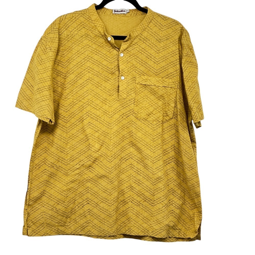 Fabindia Men's‎ Shirt Short Sleeve Quarter Button Shirt Gold Brown AOP Men's XXL
